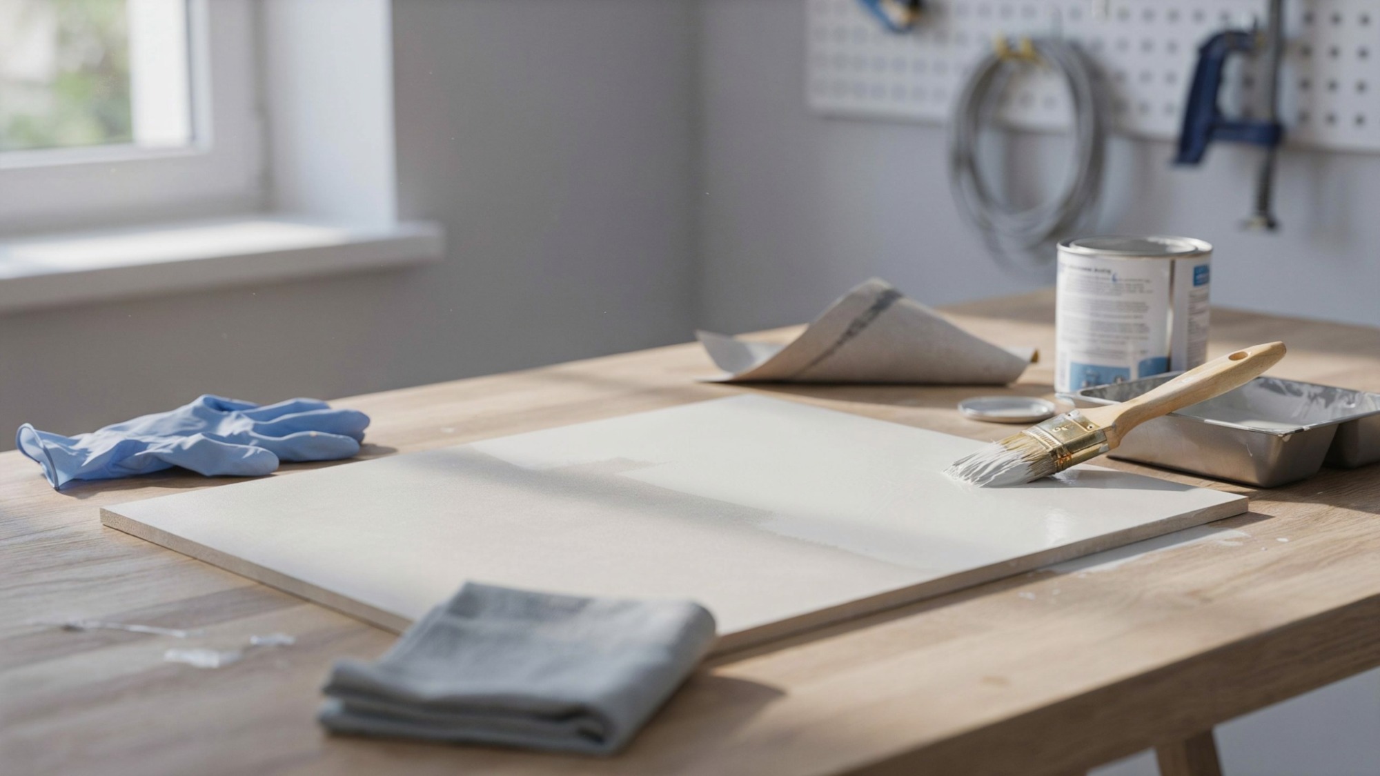 PVC board on a workbench with paint supplies ready for a smooth finish.