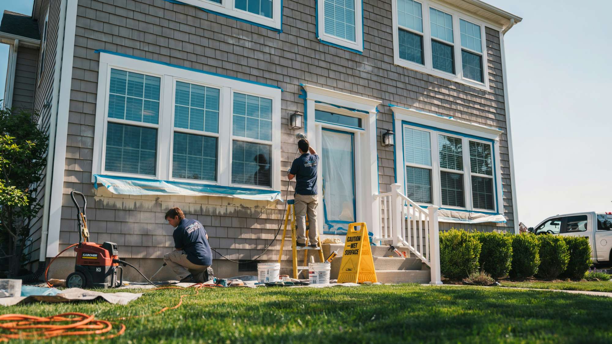 Workers preparing house exterior by pressure washing walls, scraping peeling paint, sanding rough spots, repairing cracks, and taping windows before painting begins.