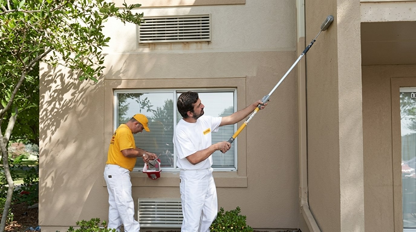 Two painters in white uniforms work on a house exterior, one using an extension roller.
