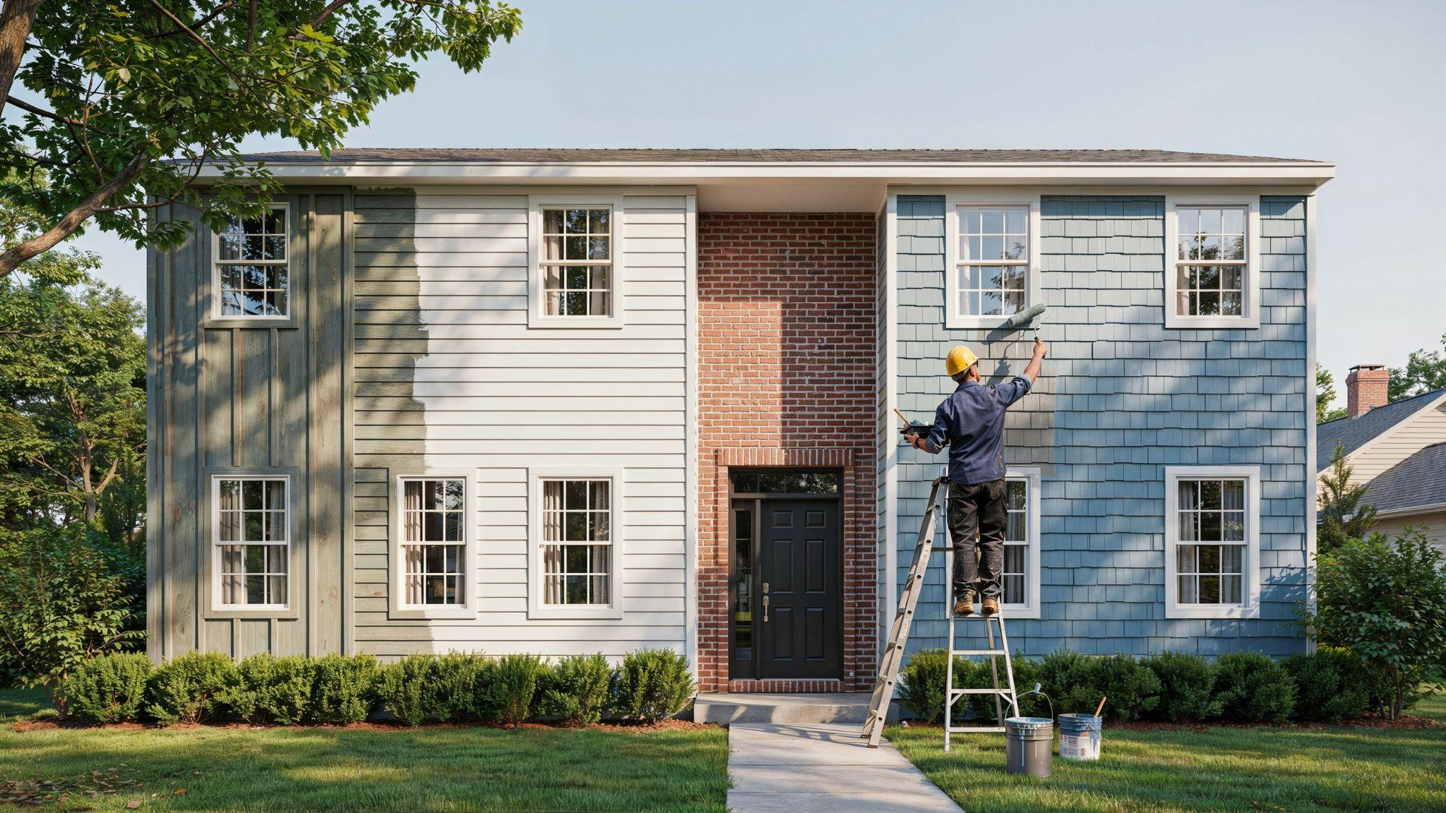 A house exterior showing different siding materials with varying paint conditions, including fresh and slightly faded sections under daylight.