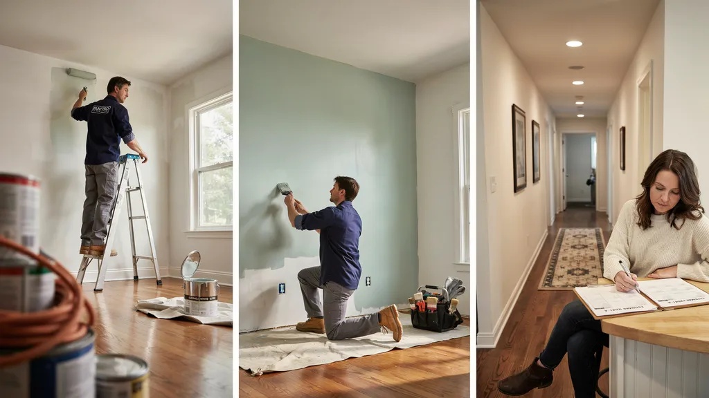 Professional painters painting various interior rooms while a homeowner reviews painting cost estimates.