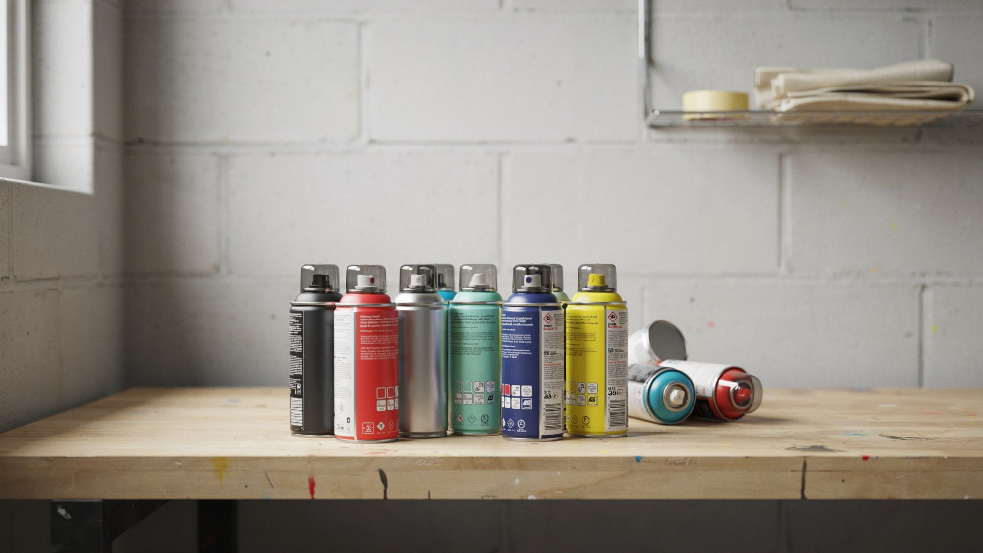 Colorful spray paint cans stand on a wooden table in a closed room.