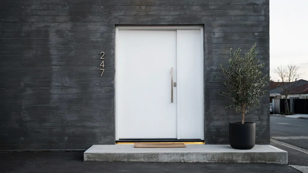 Crisp white front door against darker exterior walls, creating a clean, minimal, and fresh entrance with simple modern design elements.