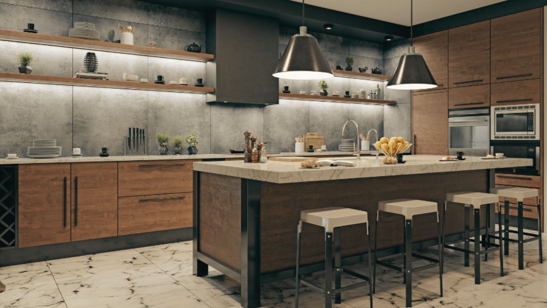 Contemporary kitchen with smooth gray wall panels behind open shelving.