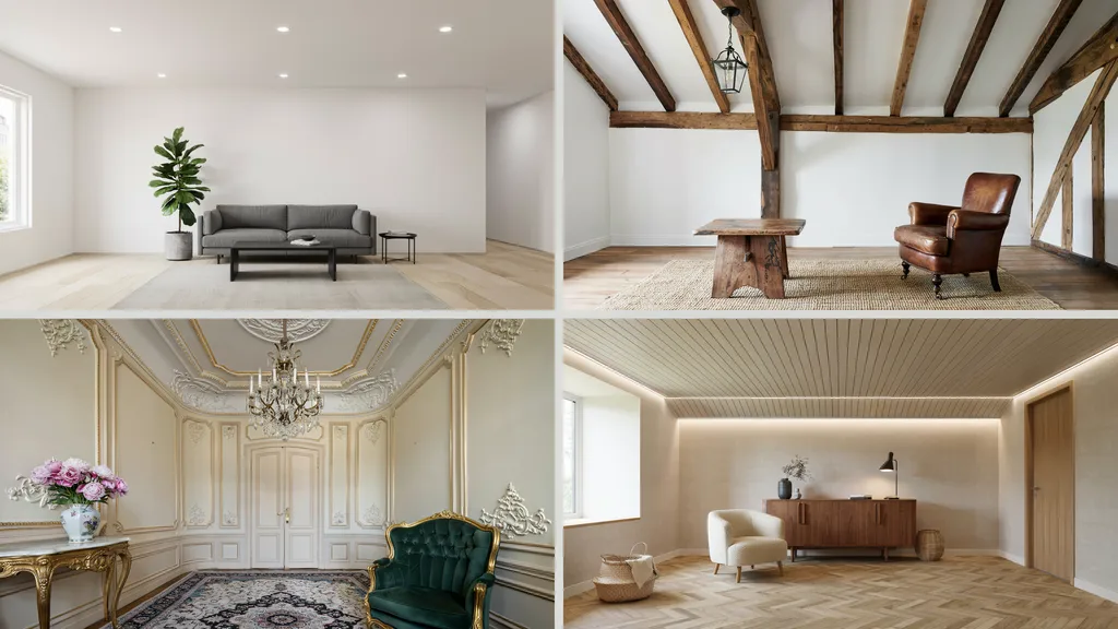interior rooms showing different ceiling textures matched with decor styles helping visualize best pattern choice based on room design.