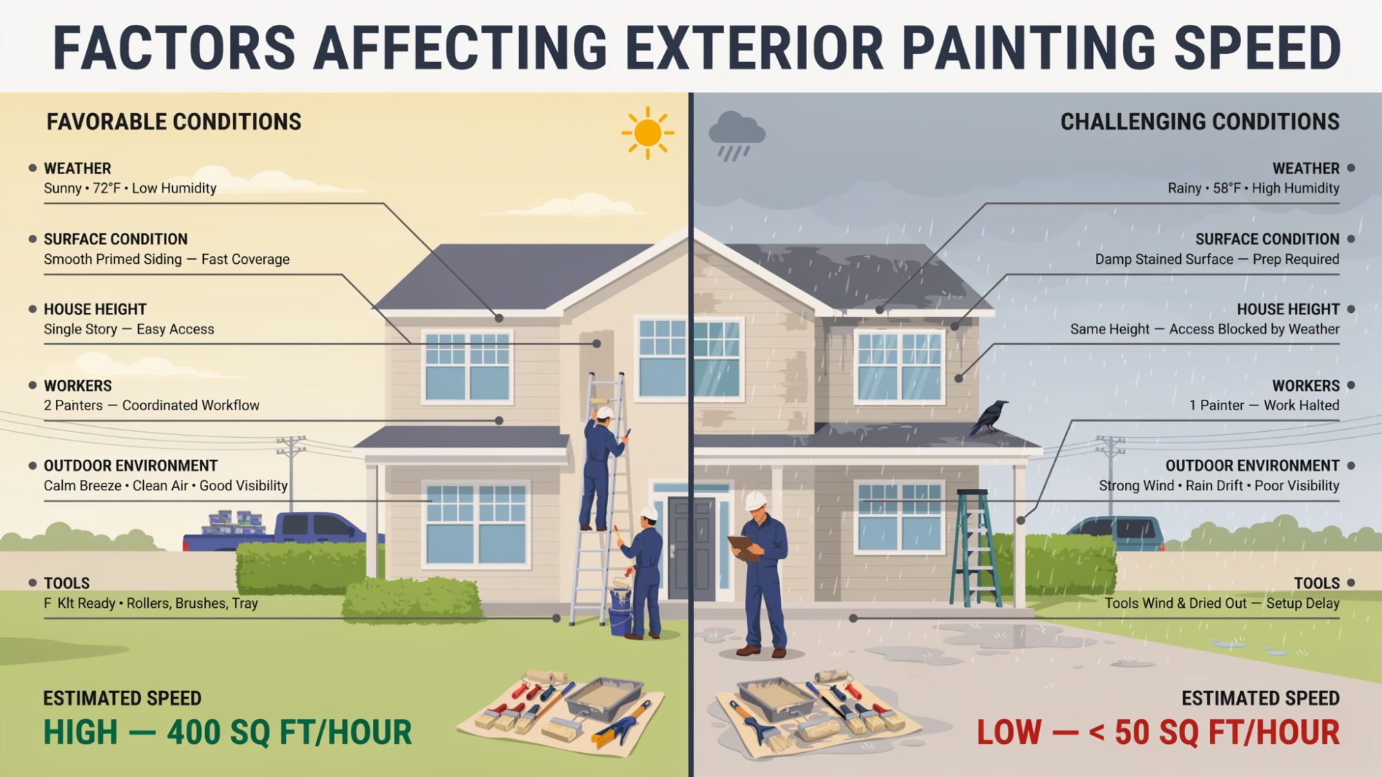 Illustration showing key factors affecting house painting time including weather conditions, wall surface damage, home height and number of workers on site.