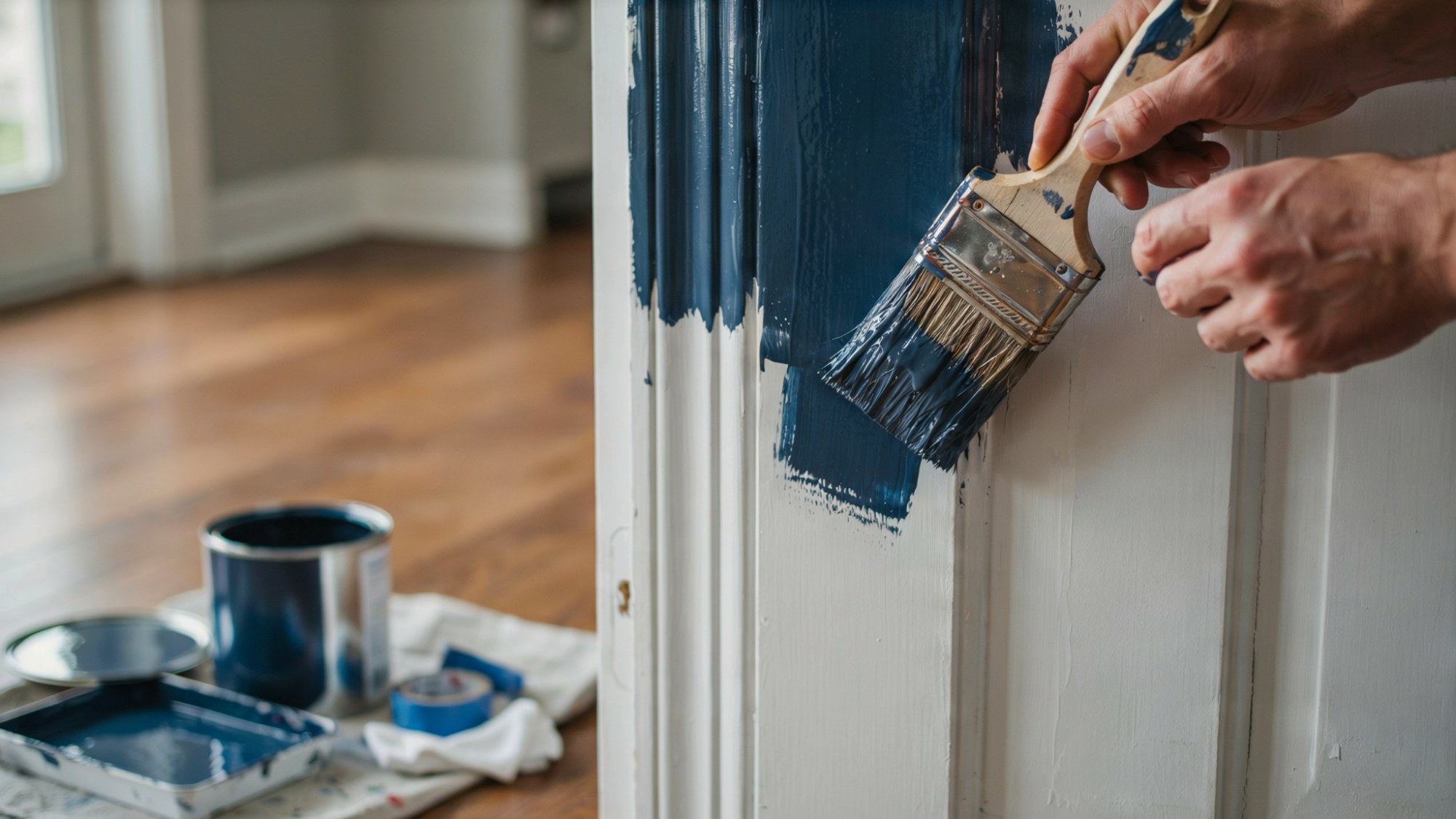 Person applying oil-based paint over a primed surface with smooth strokes.