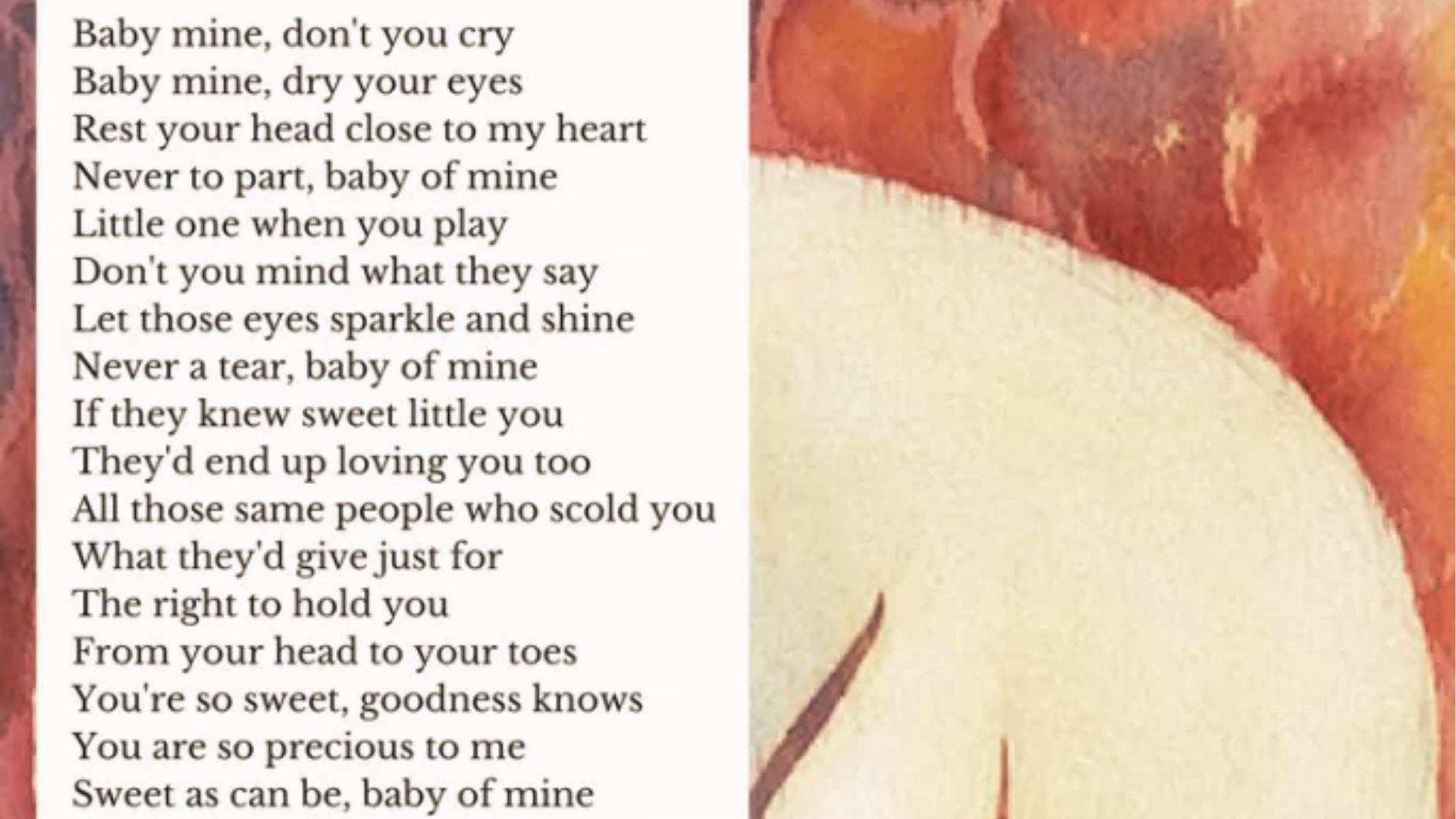 "Baby Mine" song lyrics from Dumbo beside soft watercolor art of a sleeping elephant.