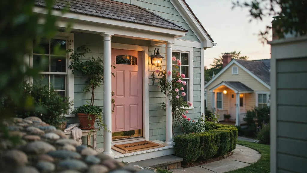 Soft pink front door on charming cottage-style home, creating a cheerful and inviting entrance with gentle tones and decorative porch details.