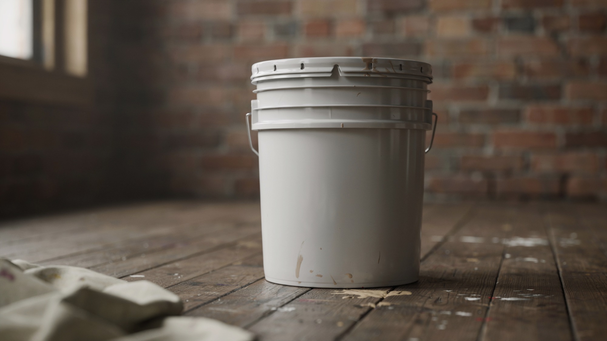 White paint bucket on wooden floor near a brick wall inside an empty room area.