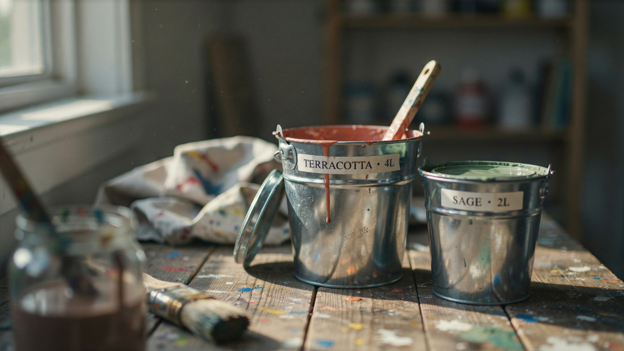 Two metal paint buckets with brushes sitting on a wooden table beside stained cloth.