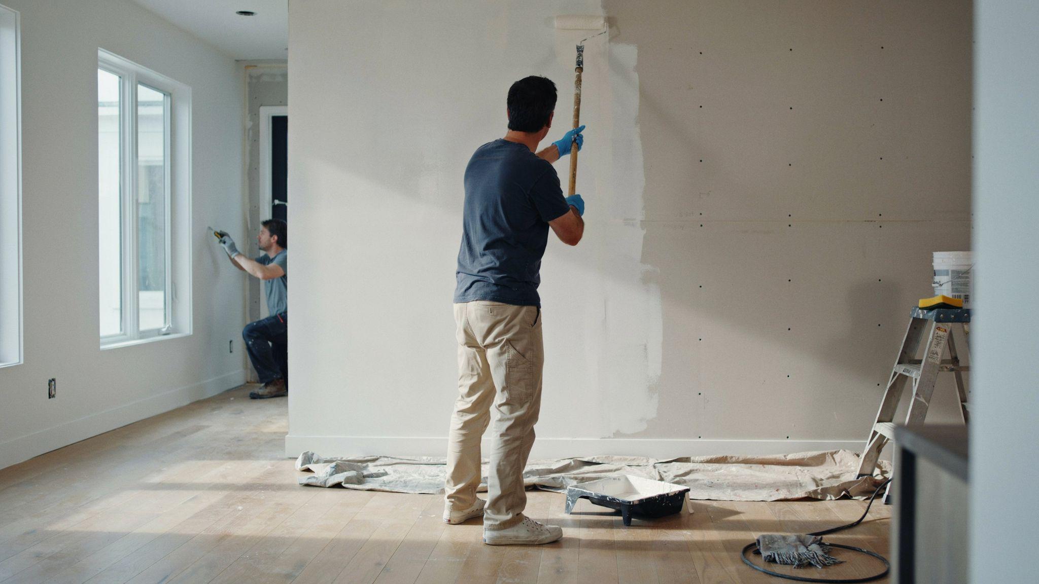 Painter priming new drywall wall in stages, showing the time and effort needed for proper surface preparation before painting.