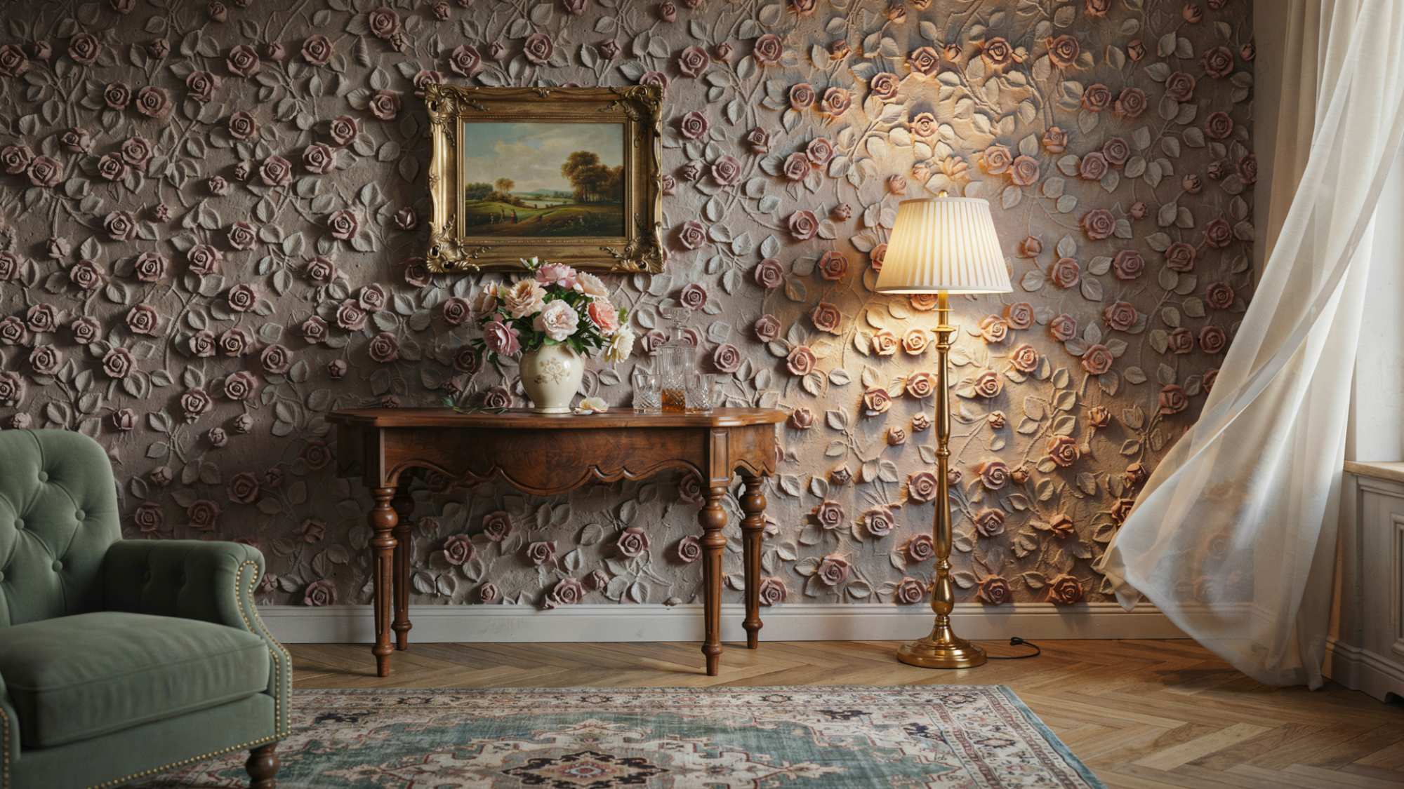rosebud wall texture with small floral patterns and decorative surface detail.