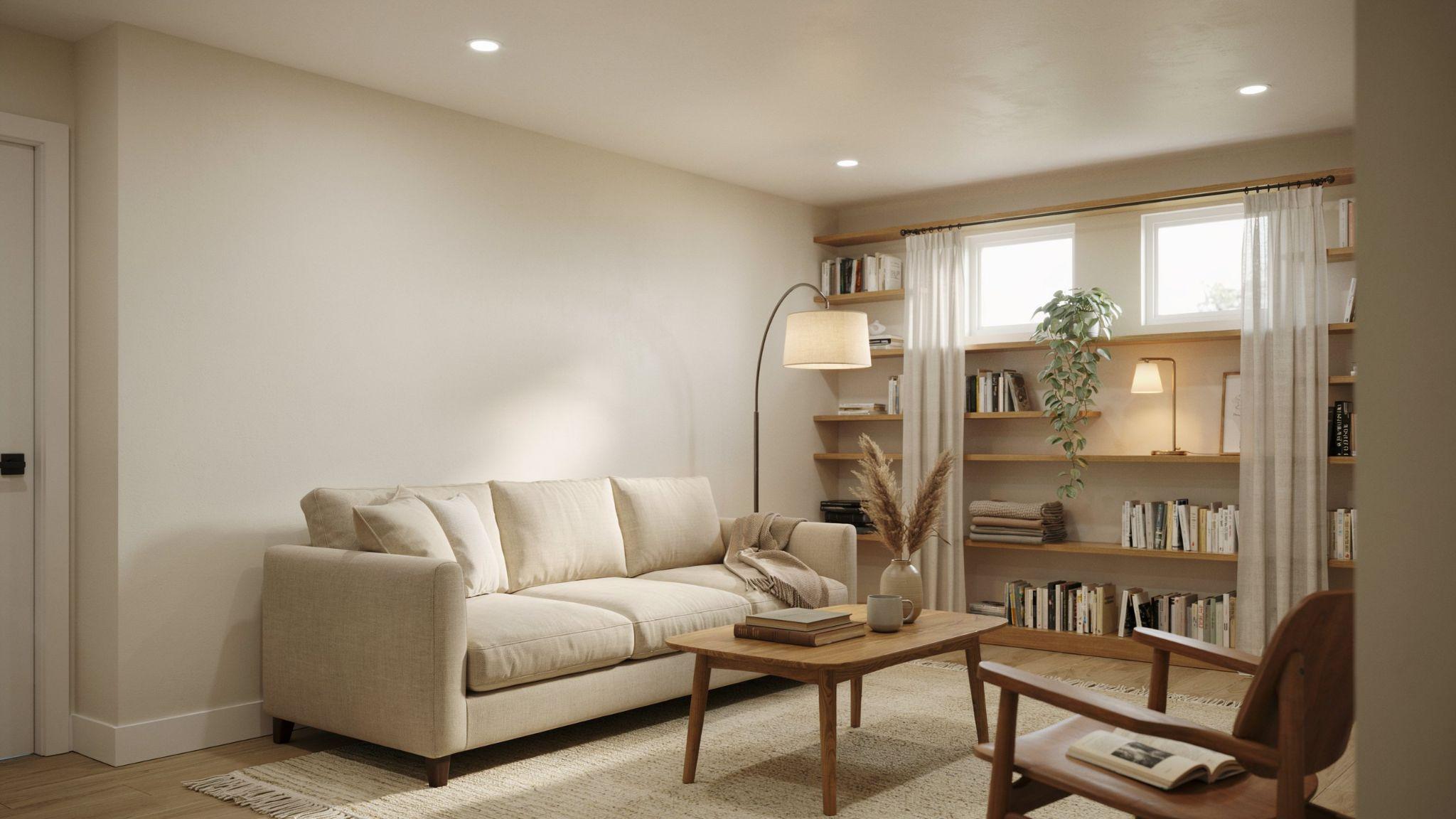 Bright cozy modern basement interior painted in warm creamy off-white influenced by Valspar Cream Delight with soft lighting and neutral Scandinavian decor.