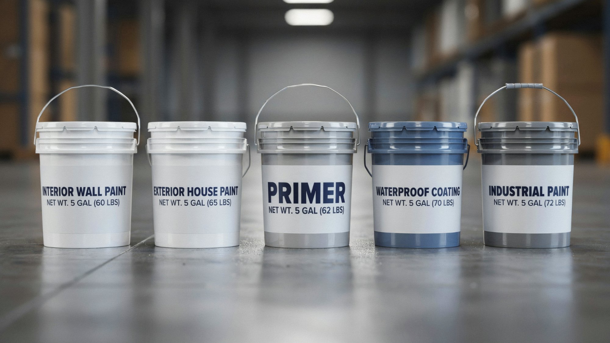 Five paint buckets labeled interior wall paint weighing 60 pounds, exterior paint weighing 65 pounds, primer weighing 62 pounds, waterproof coating weighing 70 pounds, industrial paint weighing 72 pounds.