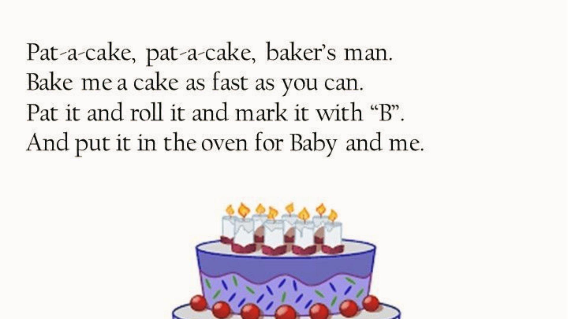 "Pat-a-Cake" rhyme text above a cartoon birthday cake with candles on white background.