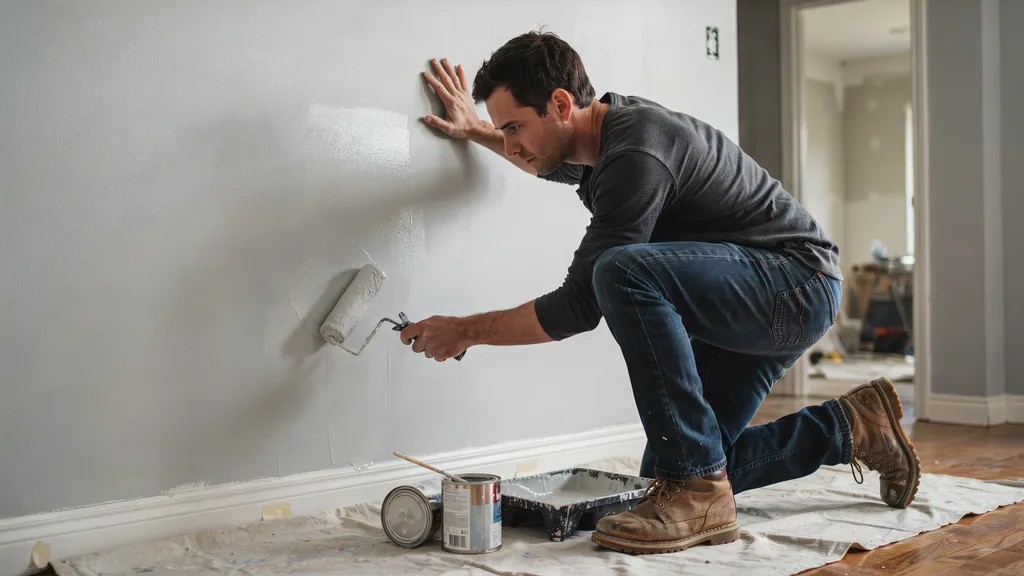 Person applying bonding primer to prepare a painted surface for repainting.