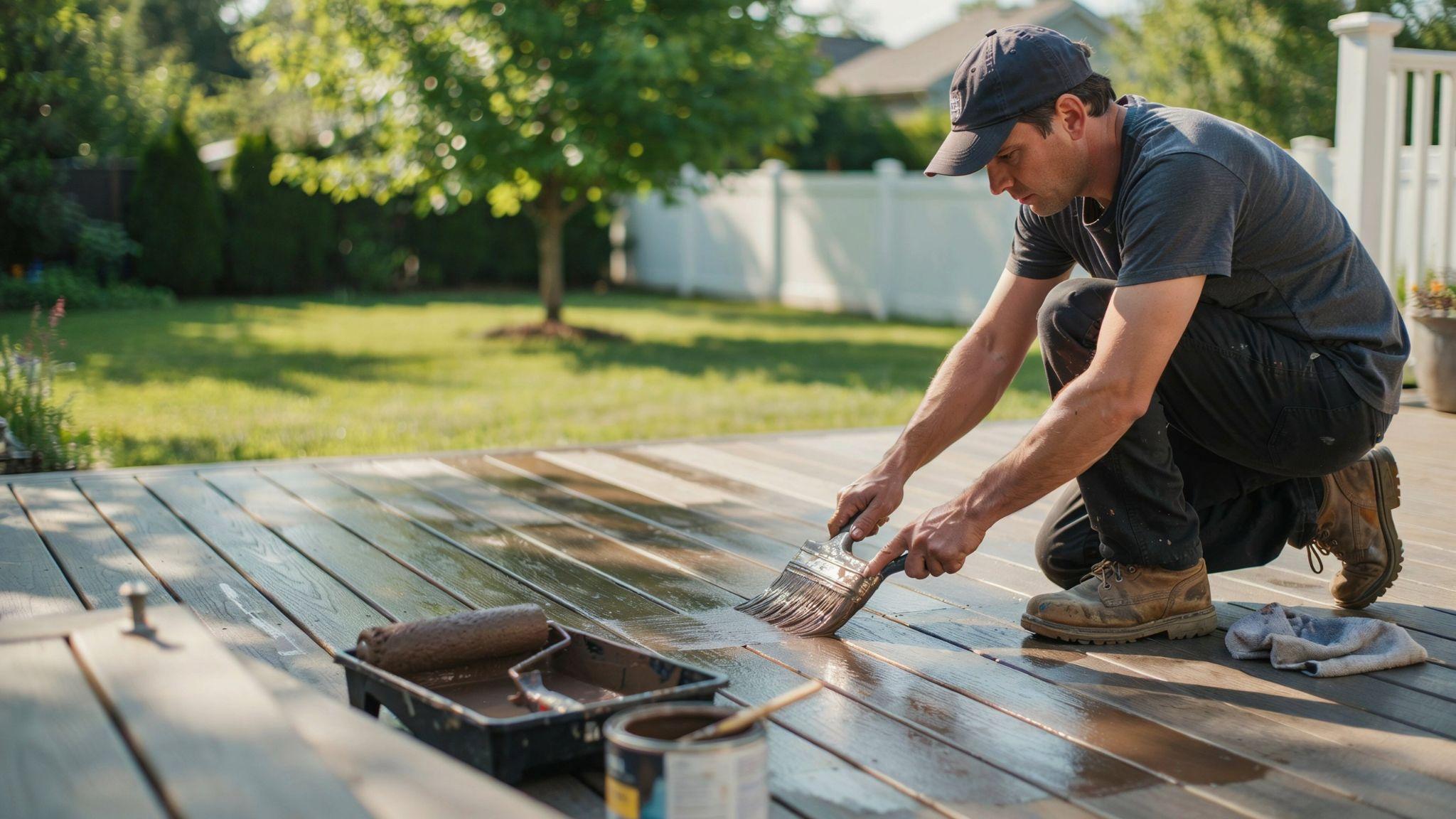 Homeowner back-brushing a freshly stained deck and wiping excess stain for a smooth, even wood finish.