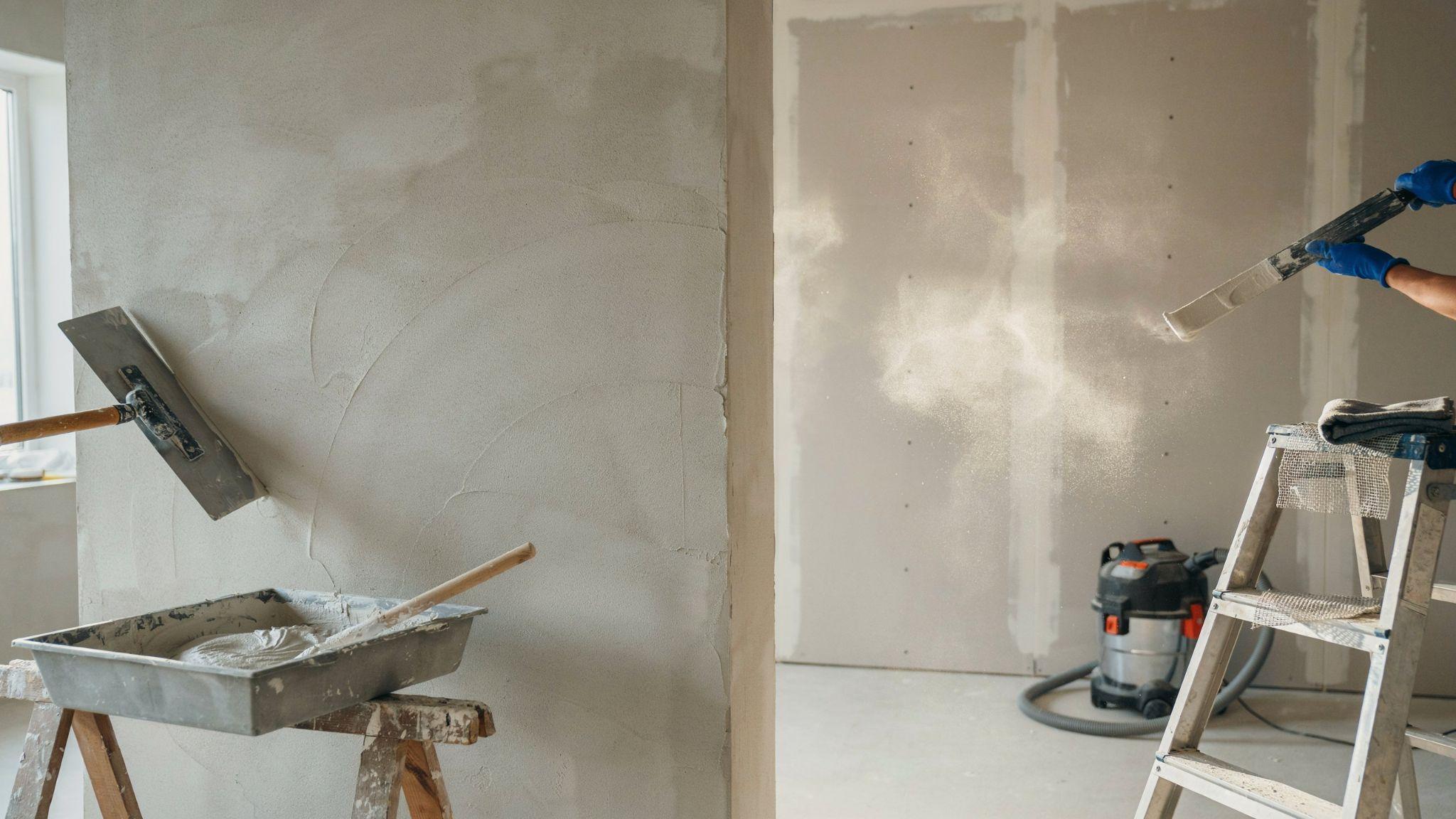 View of plaster of Paris and joint compound being applied on interior walls during home renovation work.