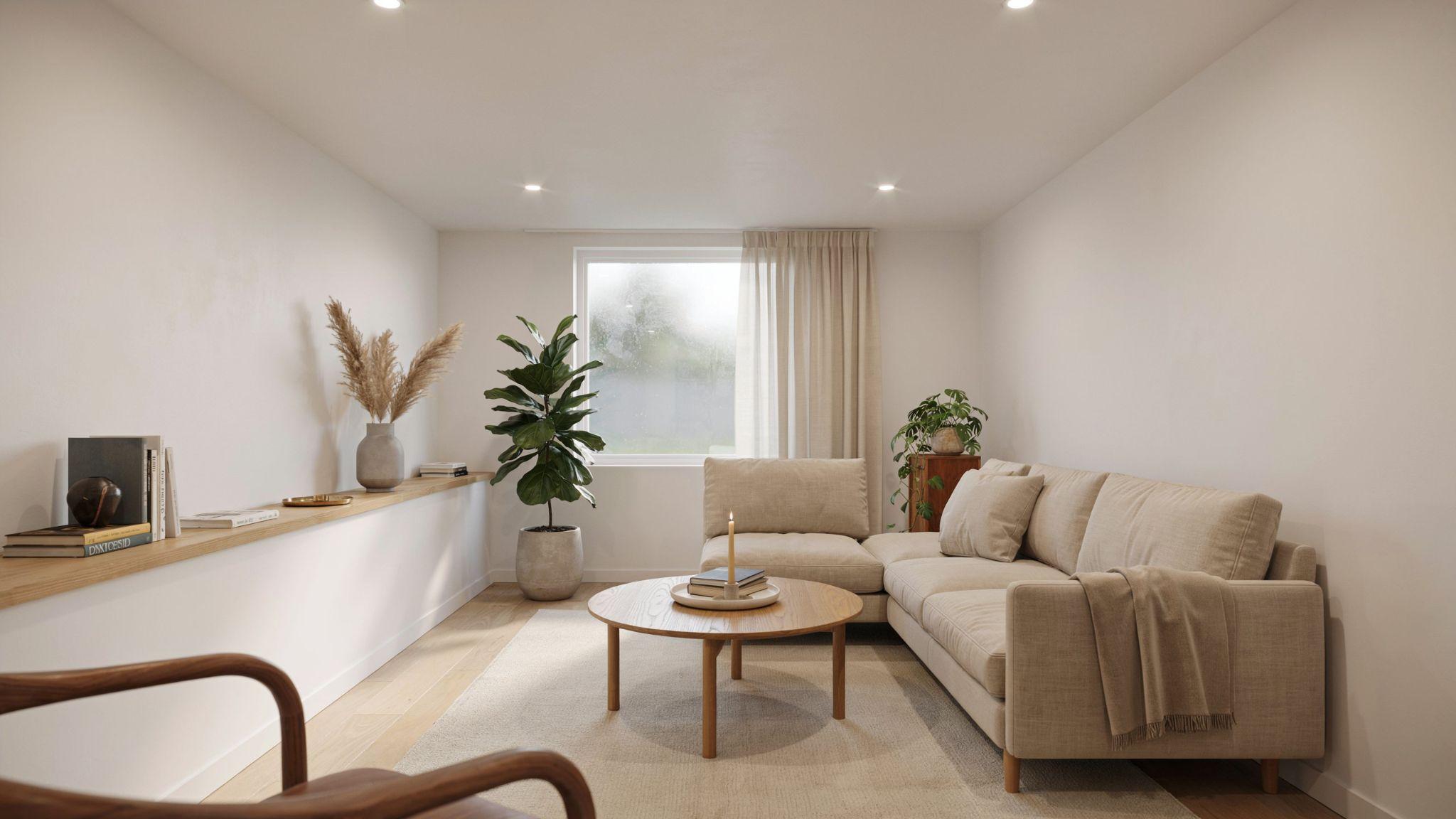 Bright modern basement interior painted in soft warm off-white tones influenced by Benjamin Moore White Dove with cozy minimalist decor and warm lighting.