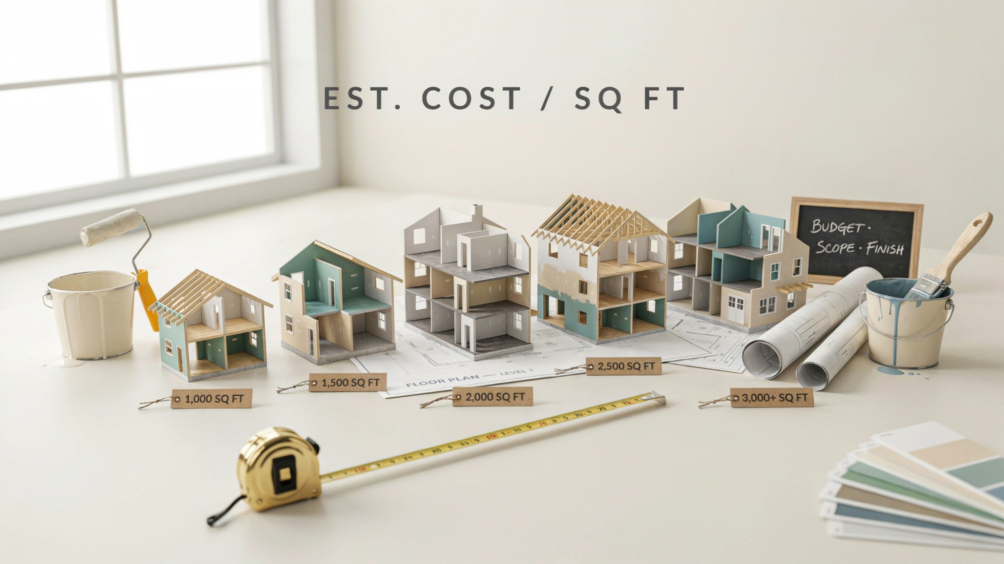 Different house sizes with interior painting projects illustrating painting costs by square footage.