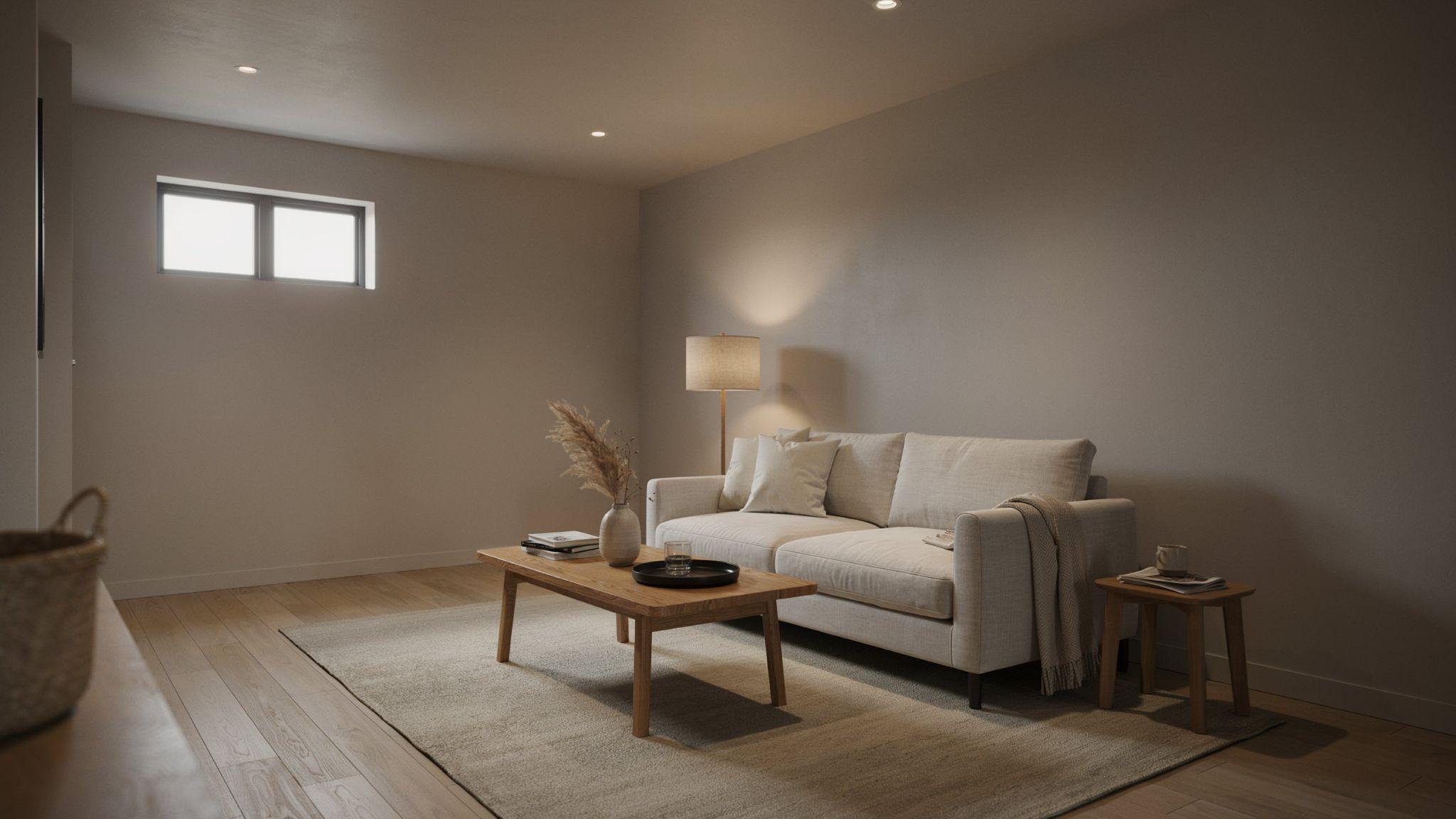 Classy modern basement interior painted in soft warm gray influenced by Sherwin-Williams Repose Gray with cozy neutral furnishings and warm ambient lighting.