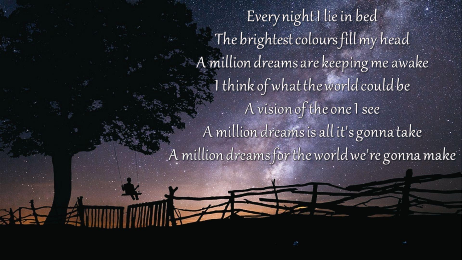 "A Million Dreams" lullaby lyrics over starry night sky with tree swing and fence silhouette.