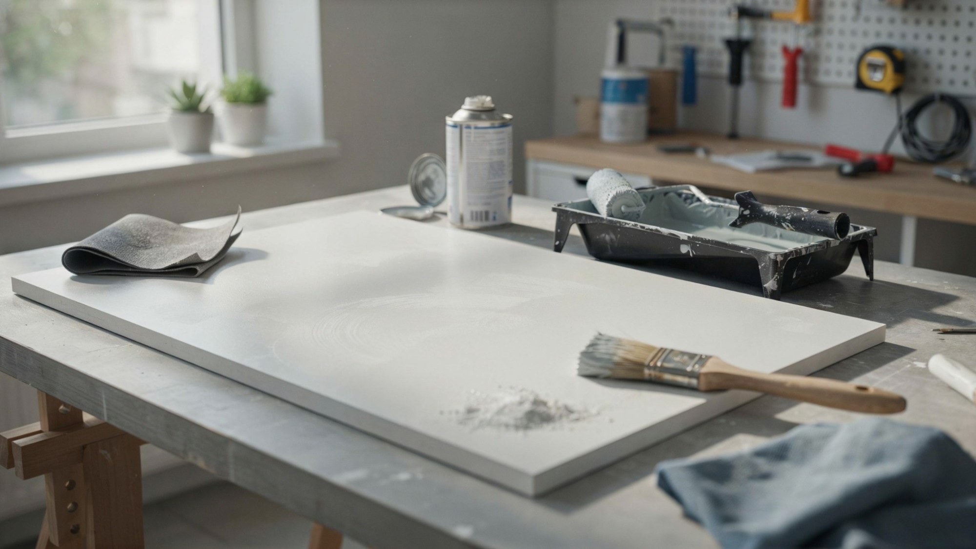 PVC board on a workbench with paint supplies ready for surface preparation.Clean, sand, and wipe down the board so paint has a clean, grippy surface to bond to.