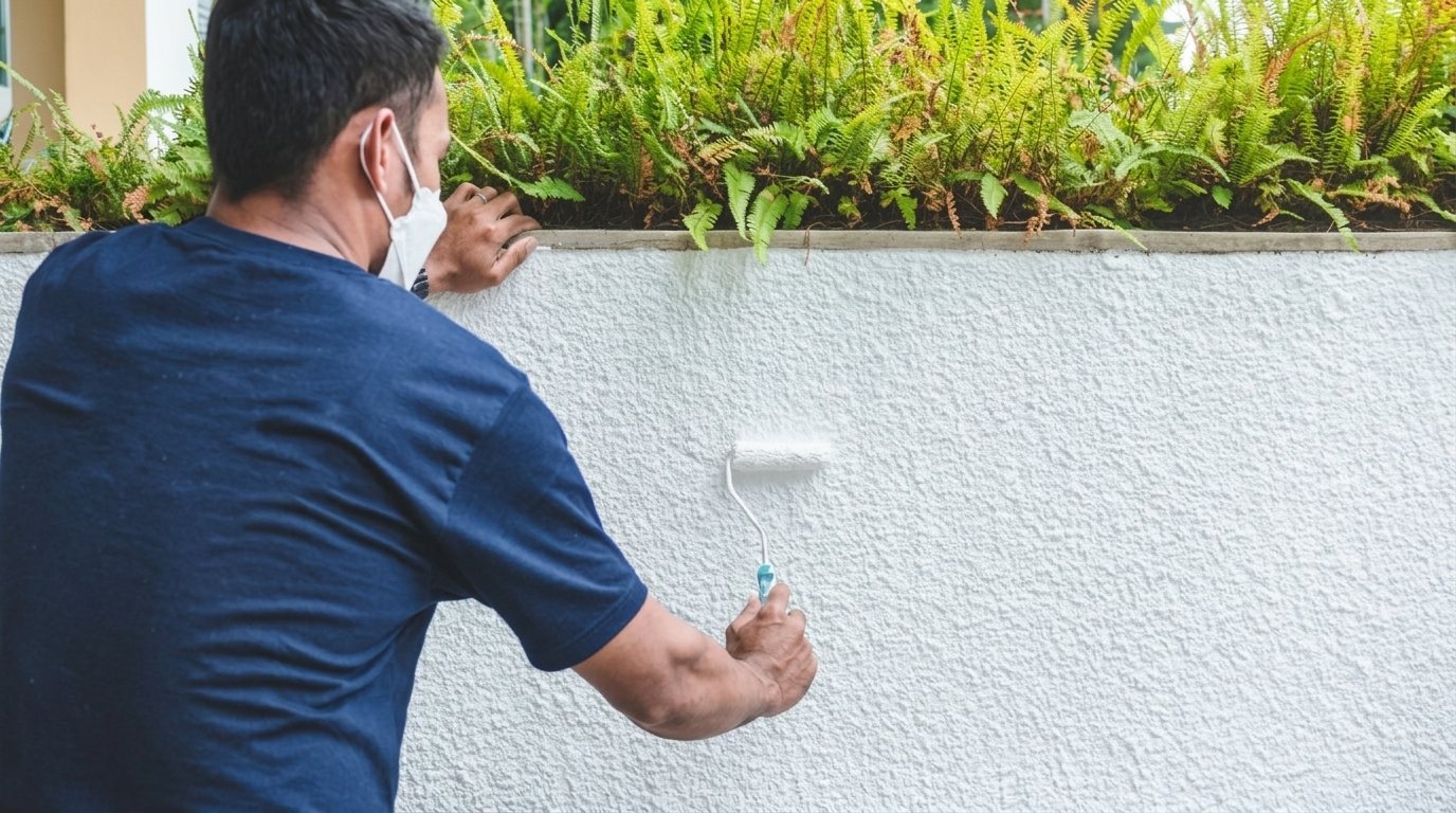 Man in a mask rolls white paint onto a textured outdoor boundary wall with plants above.