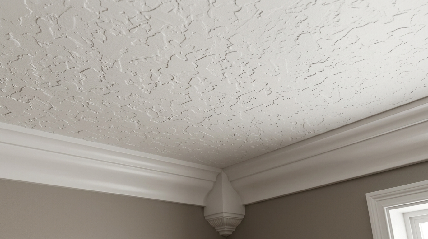 ceiling with knockdown texture featuring flattened irregular patterns creating depth and soft shadow effects in modern interior.
