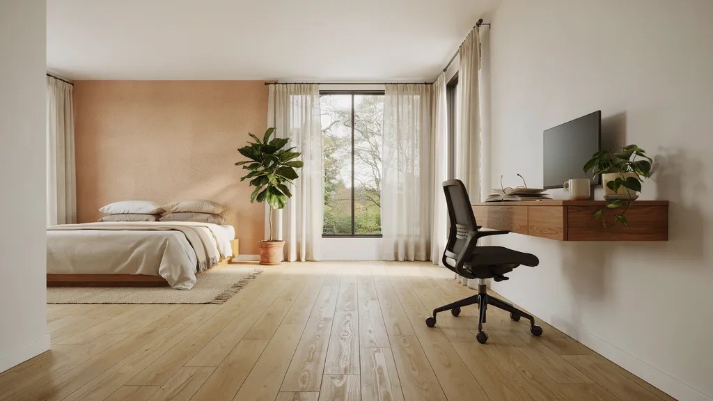 Bedroom and home office with orange peel textured walls and modern décor.