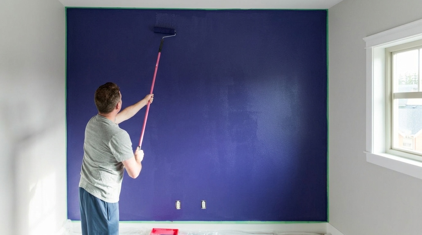A person in gray tshirt painting the wall in blue color.