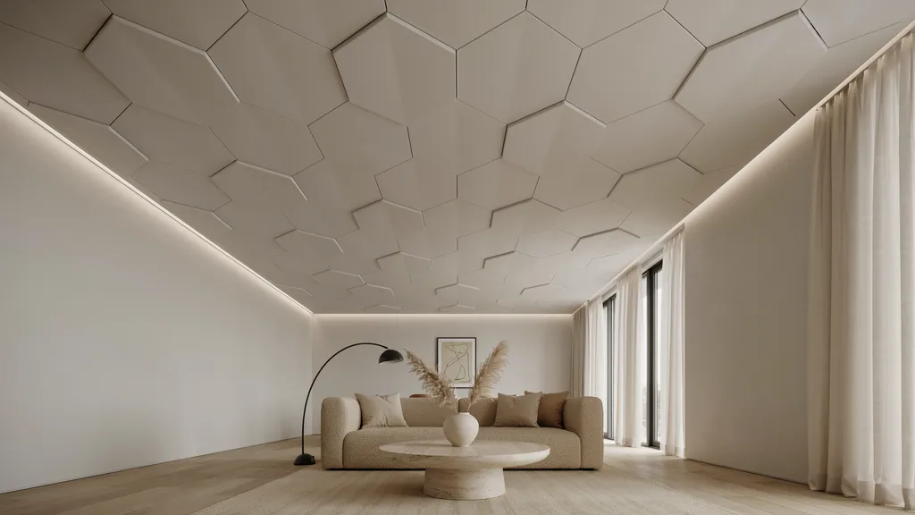 geometric ceiling texture with structured patterns like grids and hexagons creating modern architectural design.