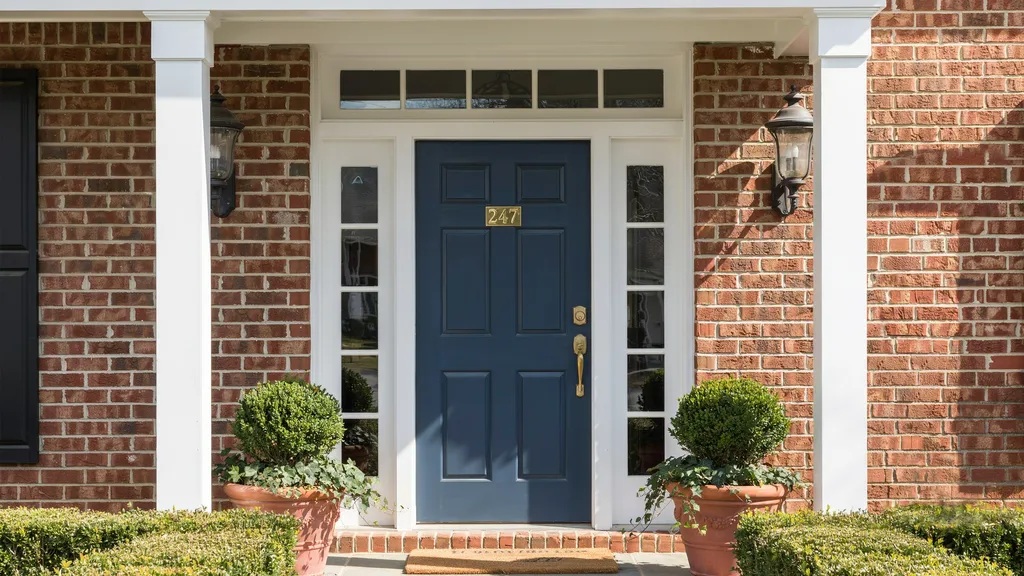 Navy blue front door with white trim on classic home exterior, creating a timeless and classy look that suits both traditional and modern styles.