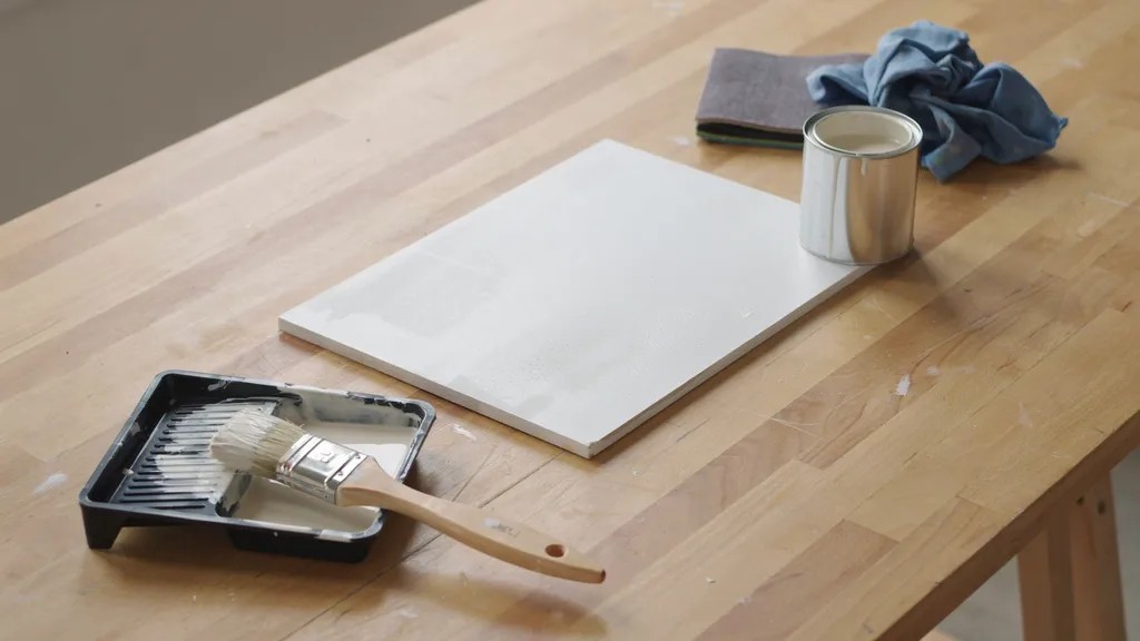 Bonding primer, brush, and prepared PVC board on a clean workshop bench.