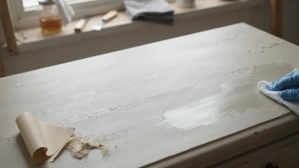 painted furniture surface being cleaned and lightly sanded to remove grease dust and create texture for better gel stain adhesion.