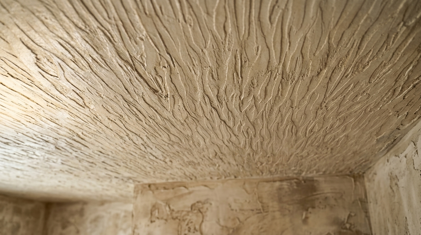 ceiling with tree bark texture showing rough natural grooves and organic pattern creating rustic earthy appearance.