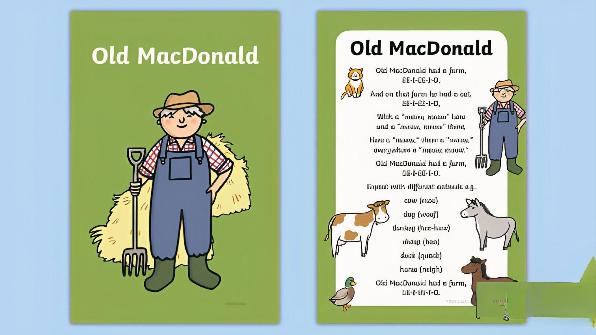 "Old MacDonald Had a Farm" cards with farmer, animals, and song lyrics for E-I-E-I-O.