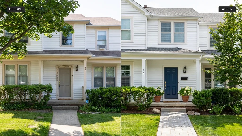 Comparison of home entrance before and after painting the front door, showing how the right color improves curb appeal, brightness, and overall welcoming appearance.
