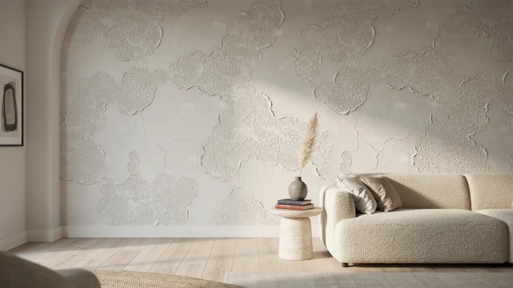 lace wall texture with layered drywall compound finish and irregular plaster patterns creating subtle depth.