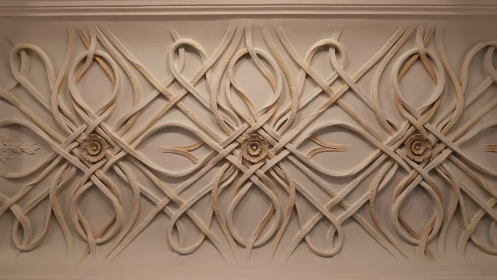 ceiling with shoelace texture showing looping intersecting lines forming a proper flowing decorative surface pattern.