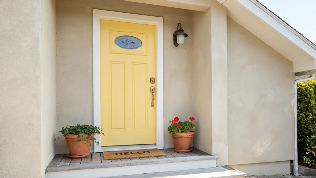 Sunny yellow front door on neutral home exterior adding warmth and cheerful energy, creating a bright and inviting entrance with welcoming appeal.