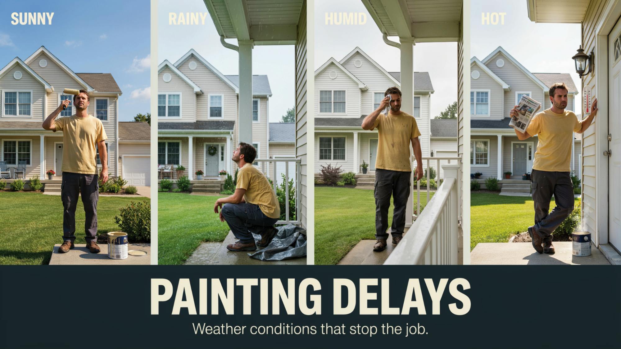 Comparison of house painting under sunny rainy and humid weather conditions, showing how different climates impact drying time and project duration.
