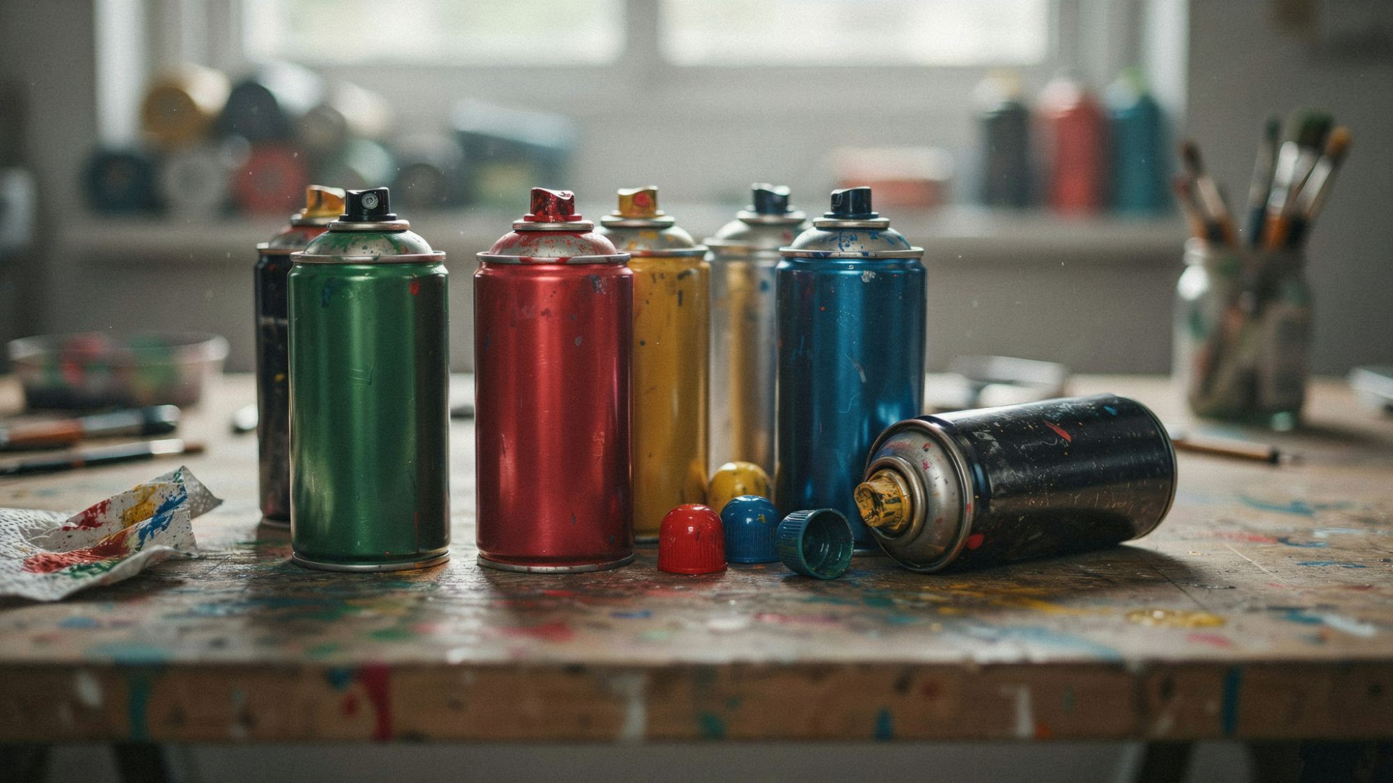 Colorful spray paint cans stand and lie on a paint marked table inside an art room.