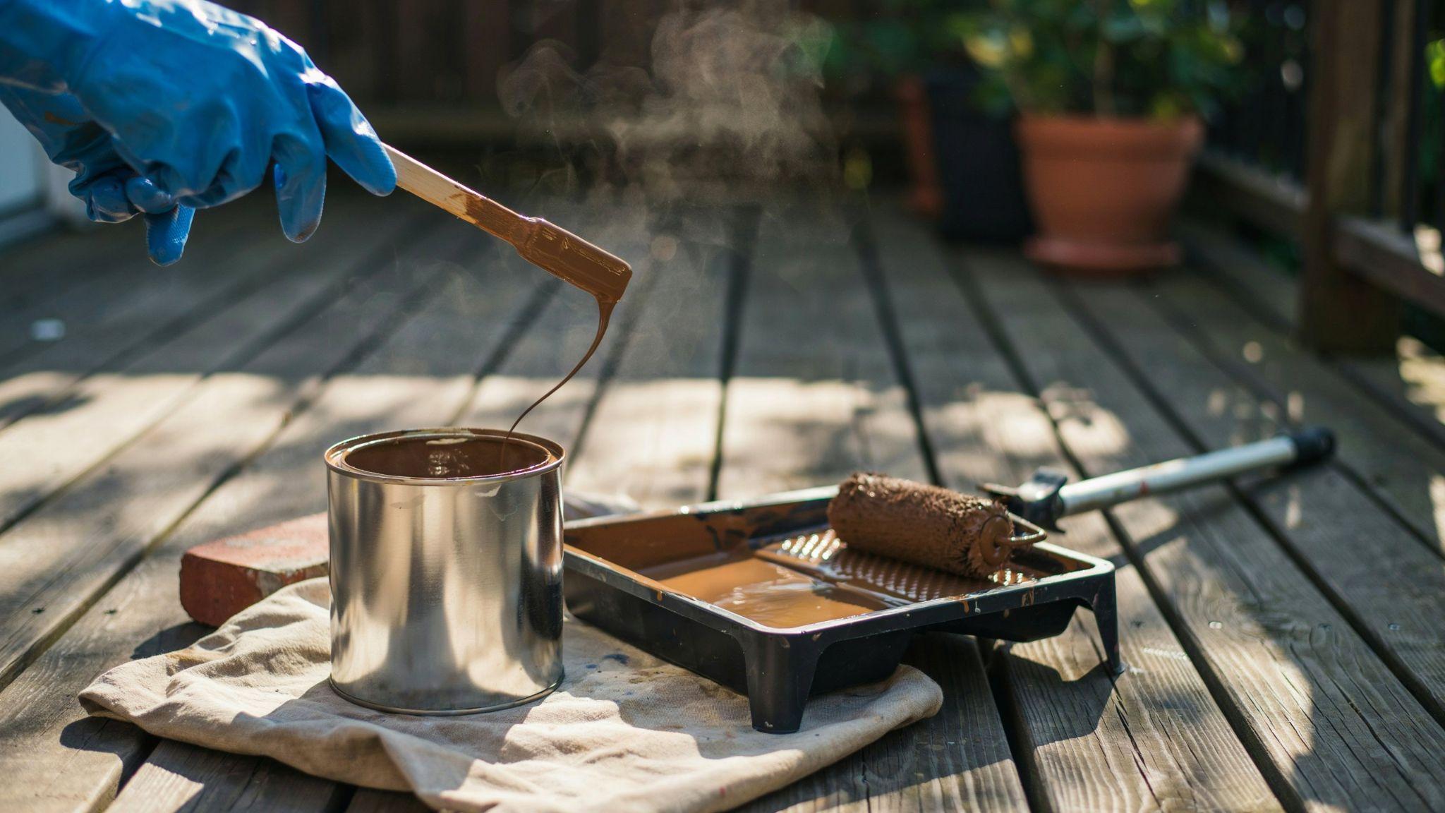 Close-up of deck stain being stirred in a can and poured into a tray with painting tools ready on a wooden deck.