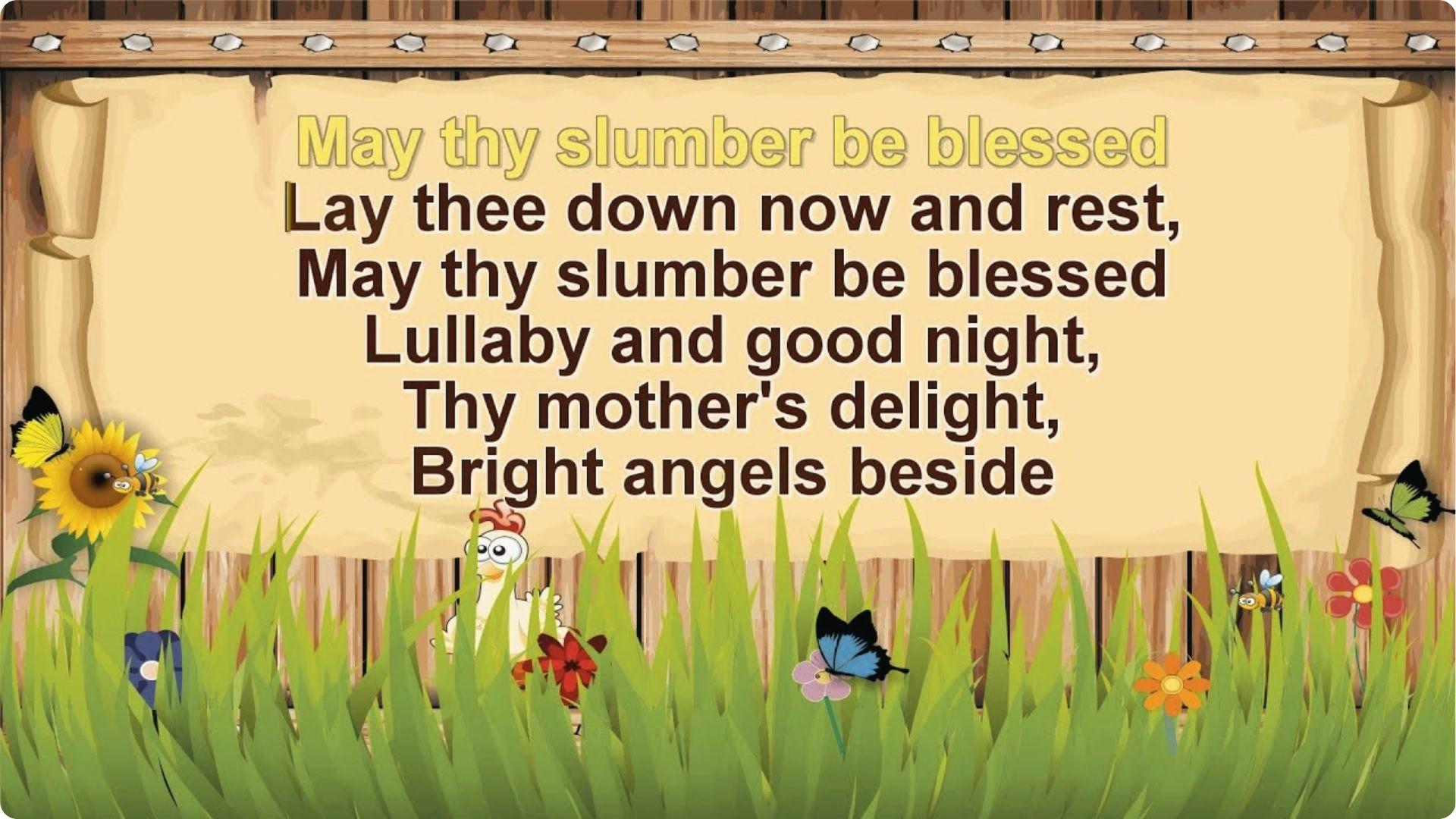 "Lullaby and Good Night" song text on parchment with grass, flowers, butterflies, and chick.