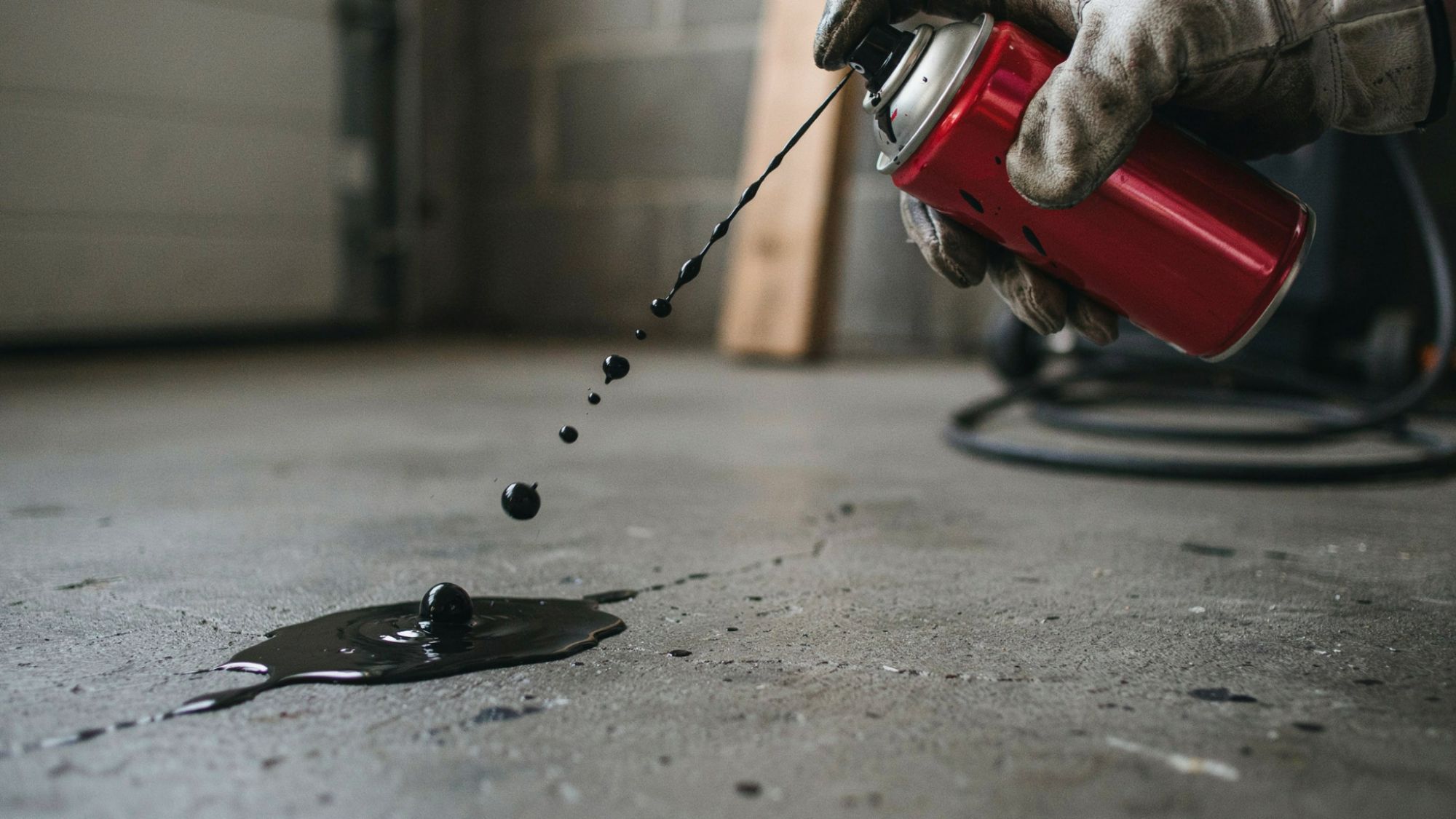Hand in work gloves holds red spray can dripping black paint onto a concrete floor.