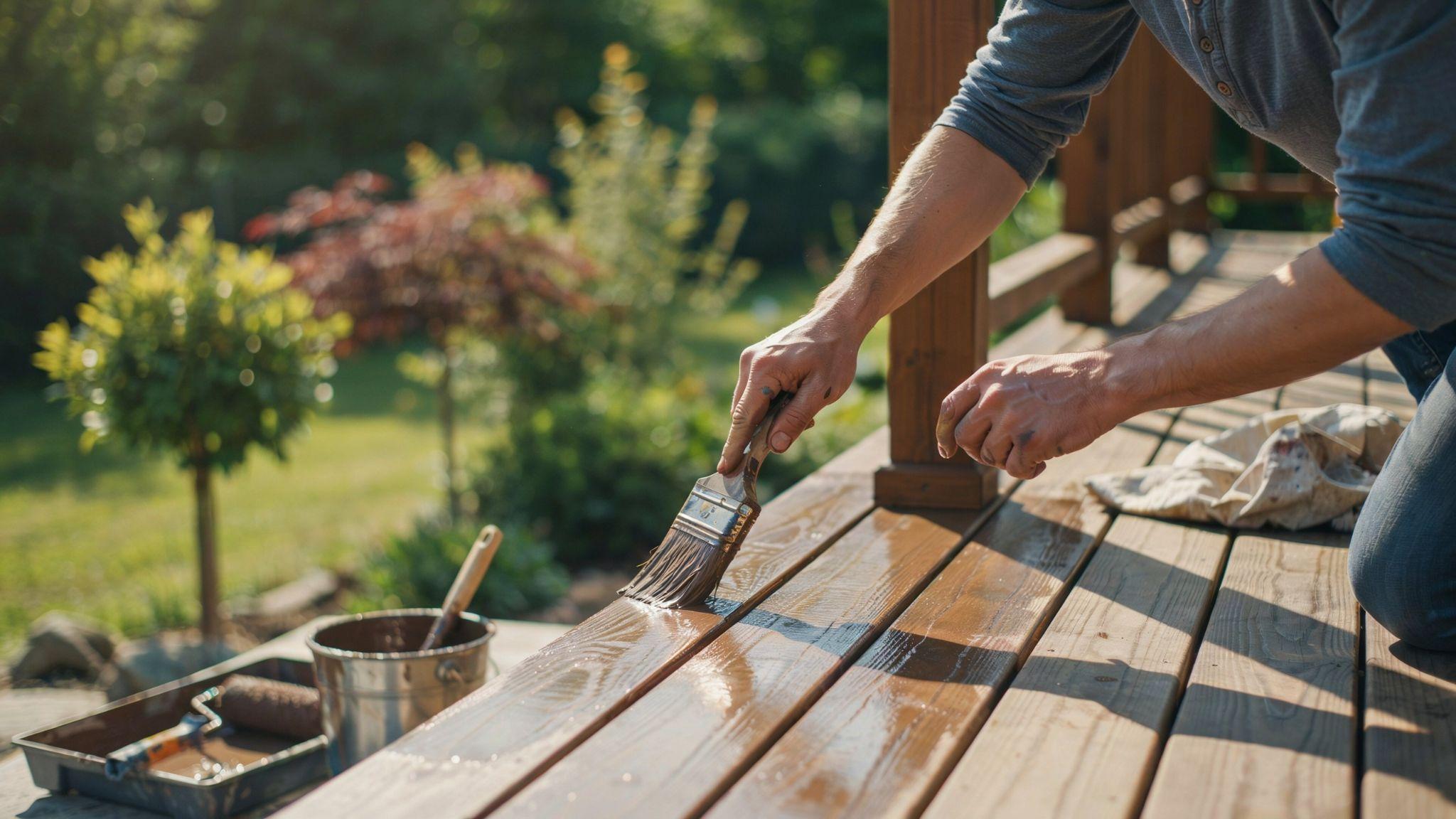 Homeowner using a brush to stain deck corners, gaps, and railings for detailed finish after rolling the main deck surface.