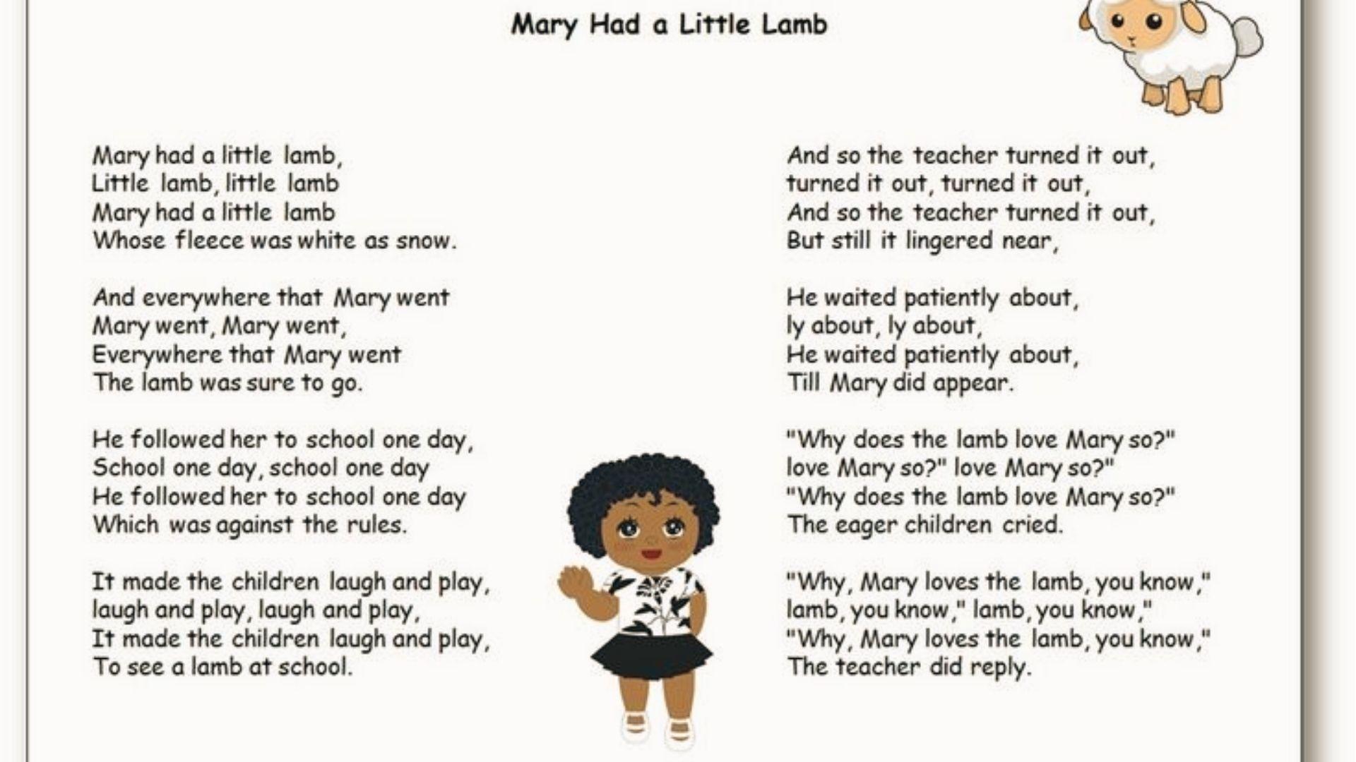 "Mary Had a Little Lamb" nursery rhyme text with cartoon girl and lamb illustration.