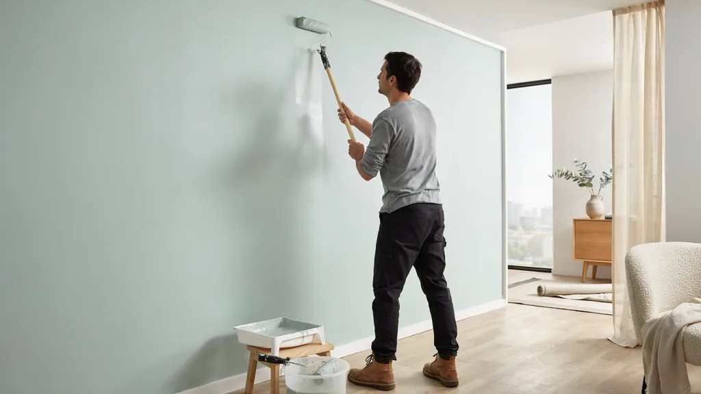 Painter applying latex paint to an interior wall with a roller in a bright modern room, showing a smooth, fast-drying water-based finish.
